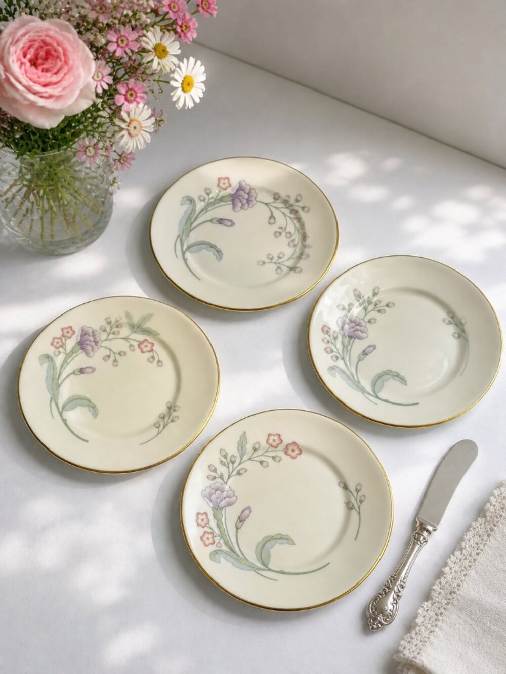 VTG 70s/80s Lenox Heiress Bread Plates Set Of 4 Floral 6.5" Cream Gold Trim USA